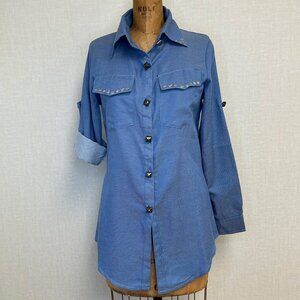 NWT Deadstock 2000s Lightweight Denim Chambray Star Studded Button Down Shirt